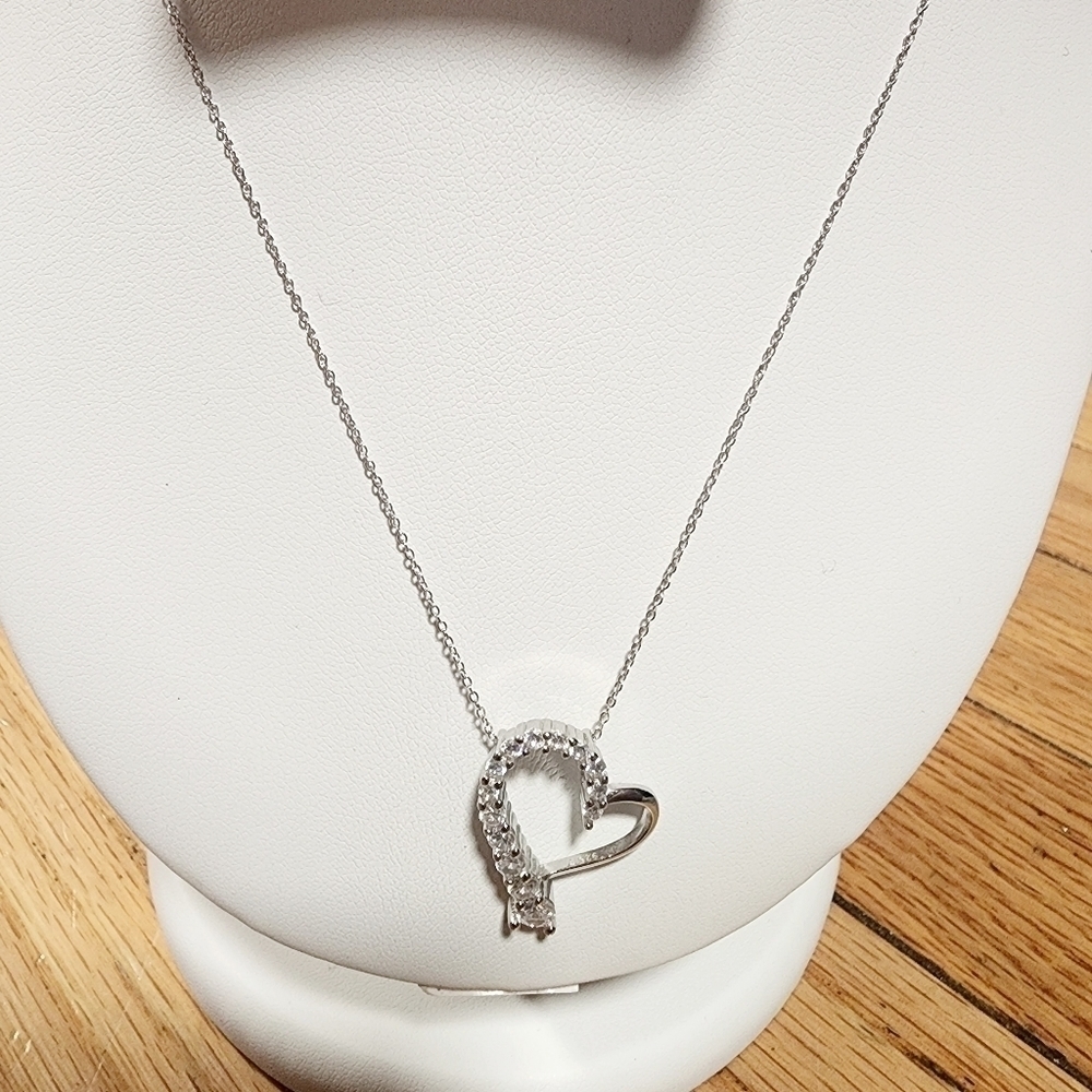 white Cubic Zirconia Rhodium Over Sterling Silver Heart Pendant - Picture 7 of 8